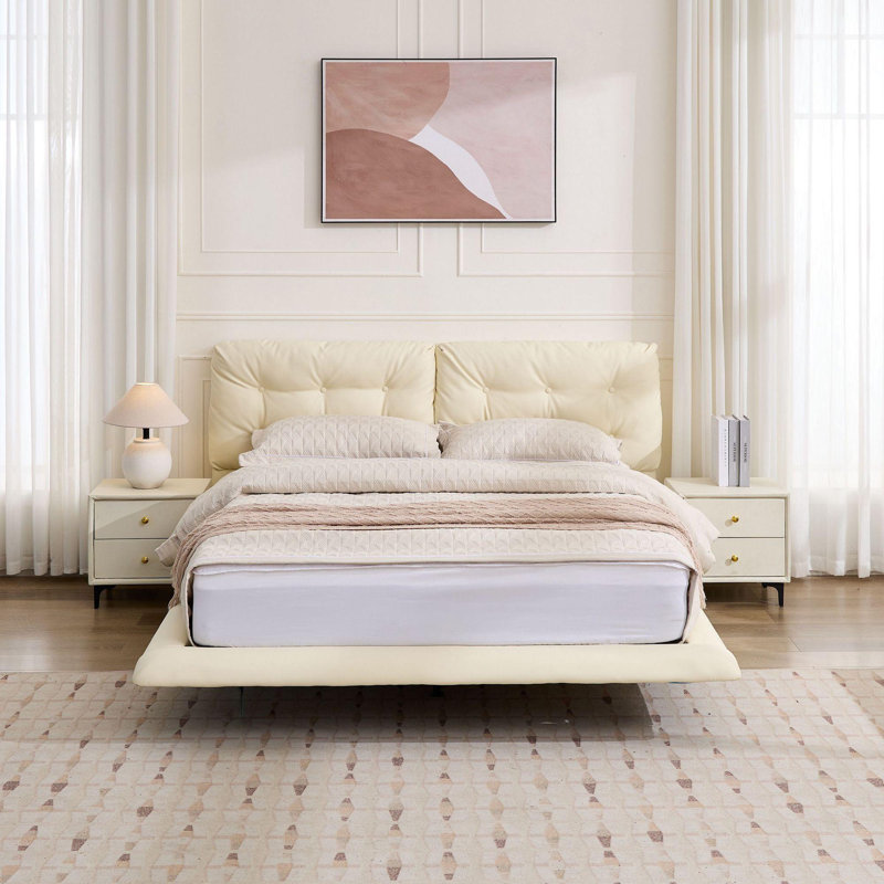 Grand lit plateforme en cuir PU avec tête de lit capitonnée et lumières DEL, cadre de lit tapissier moderne, assemblage facile, sans sommier, blanc