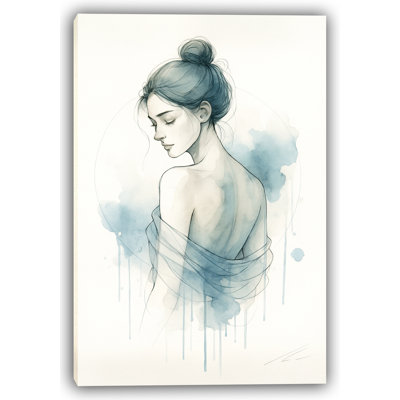 Quiet Reflection – Minimalist Blue Watercolor Woman