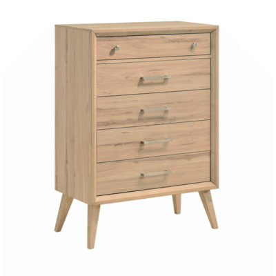 Mid-Century Modern Design Natural Oak  Chest Of 5 Drawers Nickel Tone Classic Style Bedroom Furniture 1Pc