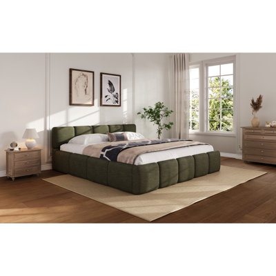 California King Size Platform Bed, Linen Thick Headboard and Footboard, Upholstery Grounded Beds, Block Style, Green