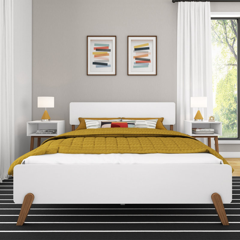 Mid-Century Modern Queen White and Pecan Pine Platform Bed