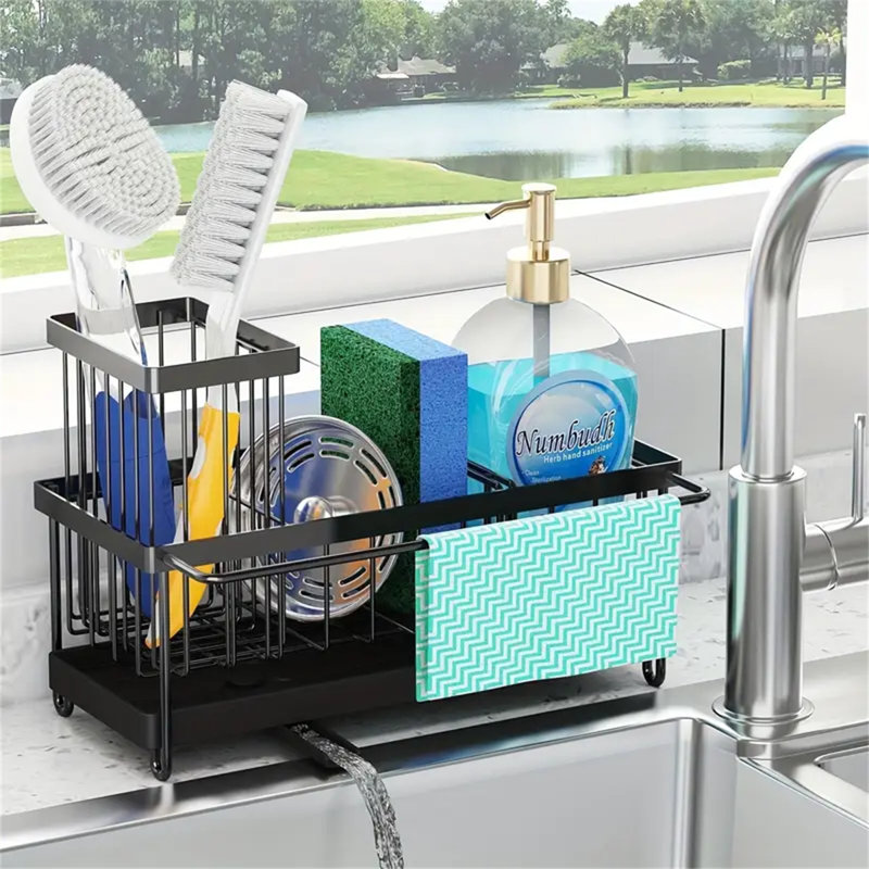 Égouttoirs à vaisselle multifonctionnels en acier au carbone avec égouttoir, organisateur d'évier de cuisine pour vaisselle, éponge, savon - antirouille, imperméable, chariot de rangement robuste