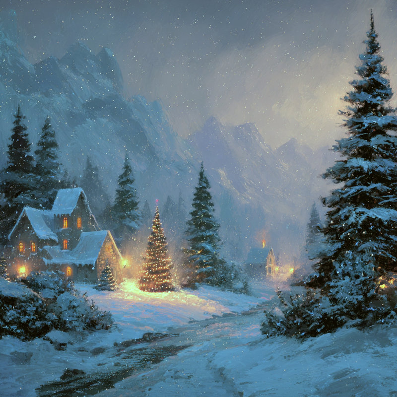 «Mountain Christmas Village Night», art mural sur toile, 20 po x 20 po