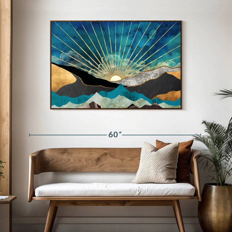 Lever de soleil abstrait, 46 po x 31 po, Cadre flottant en noyer