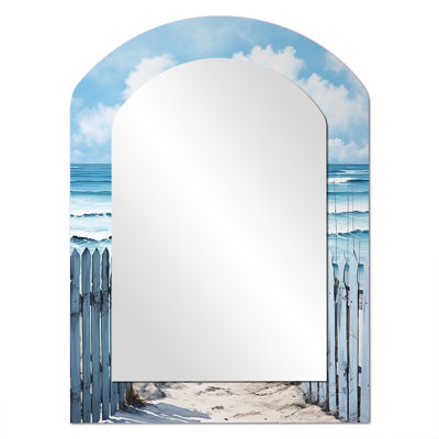 Coastal Minimalism Beach Fence II - Beach Arch Decorative Mirror, Turquoise Asymmetrical Wall Mirror, Printed Metal Art