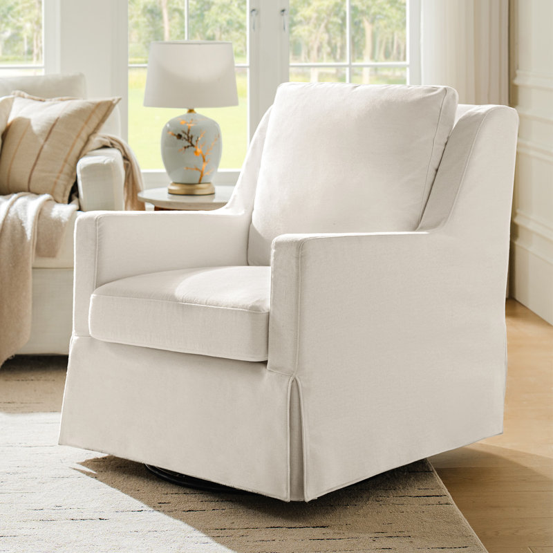 Lillie 30" W Farmhouse Slipcovered Down-blend Swivel Rocking Chair with Pillow Back, Ivory