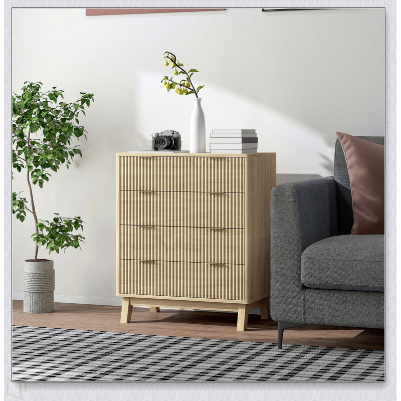 Commode cannelée pour chambre à coucher avec 4 tiroirs, commode avec poignées dorées et 4 pieds en bois