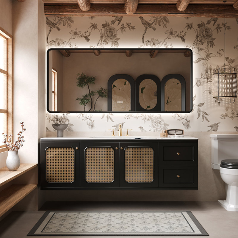 American-style retro rattan bathroom cabinet, 19.69" H x 55.12" W x 21.56" D