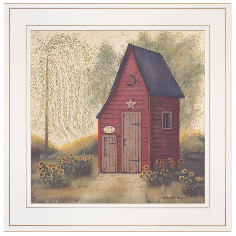 «Folk Art Outhouse II», reproduction d'art encadrée pour le salon et la maison, par Pam Britton, Cadre blanc