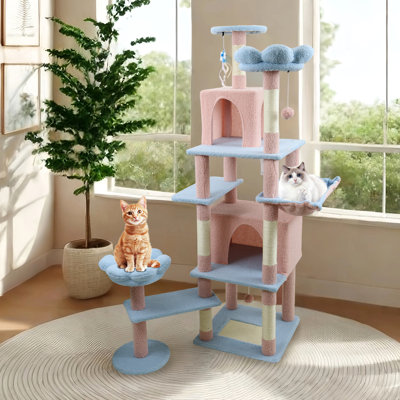 Arbre à chat bleu de 71 pouces avec motif floral, grand coussin amovible et, pour le divertissement des chats, 8 niveaux d'escalade, larges options de grattage en forme d'arbre, apparence florale enchanteresse, 72 po