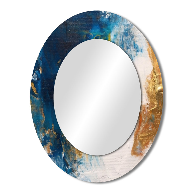 Ethereal Knowing Royal Blue And Gold II - Abstract Oval Decorative Mirror On Metal, 43" x 33"