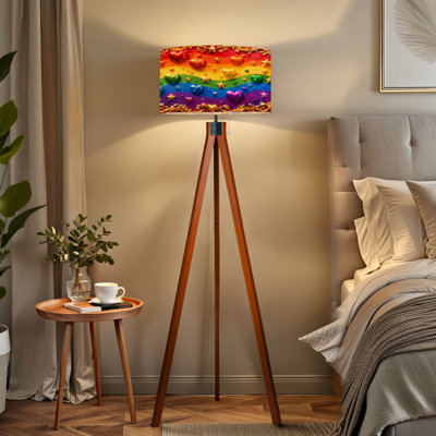 Tripod Standing Lamp Colorful Rainbow Metallic Hearts Stars Ornate Gold Design Remote Controlled Dimmable LED Floor Lamp with Beech Wood Legs & Detach