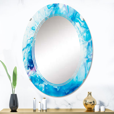 Abstrait art liquide blanc et bleu - miroir mural moderne ovale