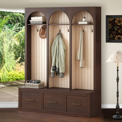 59" Farmhouse Arched Hall Tree with Bench, 8 Retro Hooks, 4 Drawers