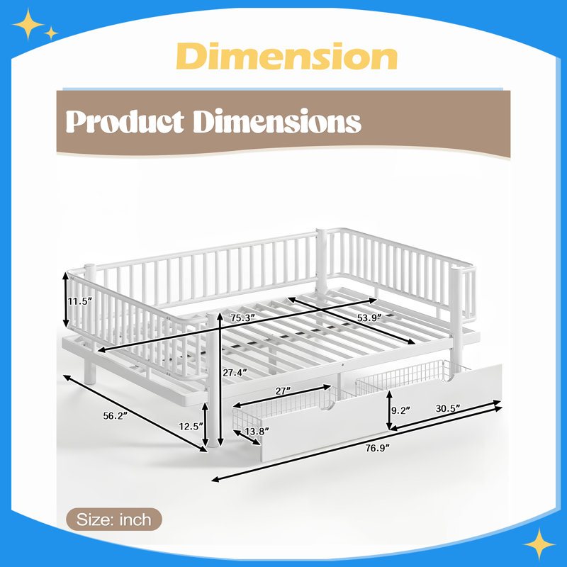Metal Daybed Frame with Upgraded Safety Round-Pipe Design, Low Profile Design, Full, White
