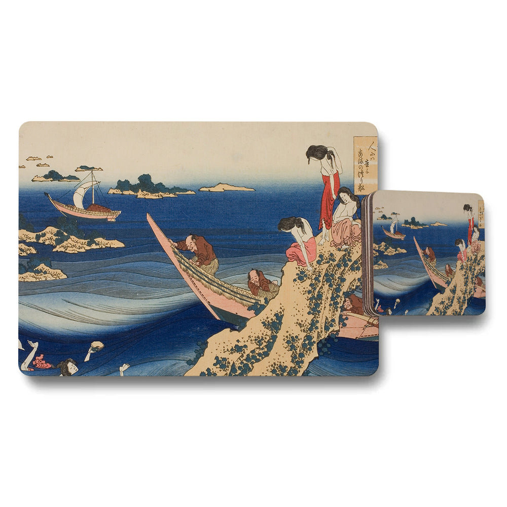 Ukiyoe Seascape Placemats And Coasters Set With Japanese Artwork