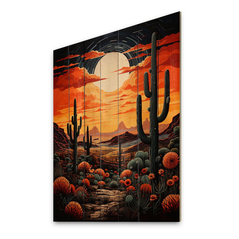 Cactus du désert orange, coucher de soleil sur Saguaro, impression sur bois, H 32 po x l 24 po x P 0,78 po
