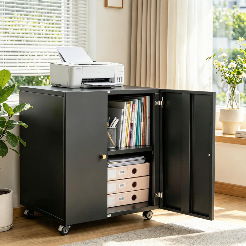 23.6" Printer Stand with Storage, 3D Heavy Duty Rolling File Cabinet Printers Table with Double-Door and Adjustable Shelf, Printer Stand on Wheels,Metal Fax Machine Table for Home Office.