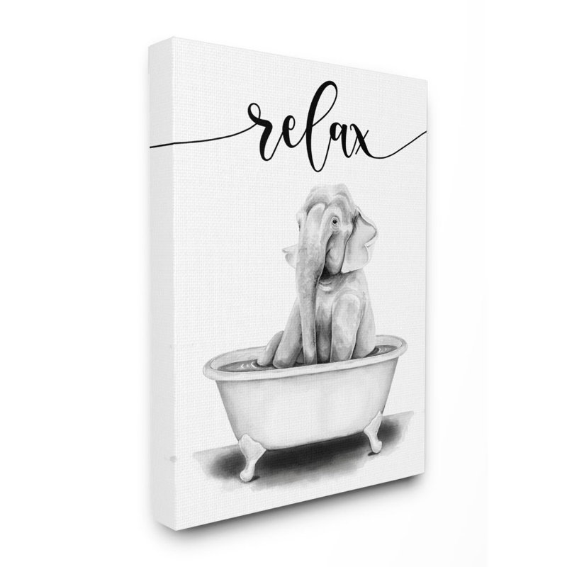«Elephant Bathroom Relax» par Rachel Nieman - impression d'art graphique, Toile tendue, H 30 po x l 24 po x 1,5 po