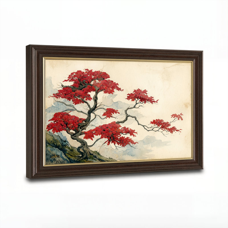 Art mural antique sur toile encadré doré pour le salon, la chambre à coucher, le bureau ou le vestibule - Décoration murale décorative avec arbre rouge
