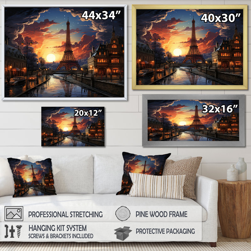 Futuriste Paris Eiffel Tower Scenery III - Franch Wall Art Living Room, H 34 po x l 44 po x P 1,5 po, Cadre flottant noir