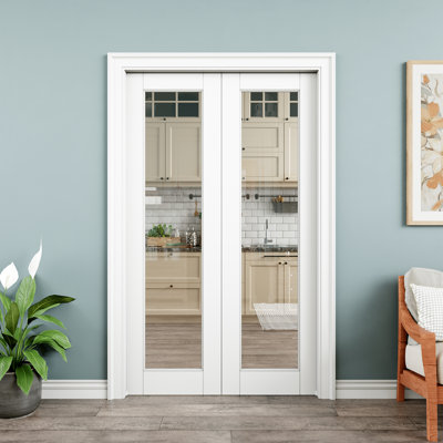 48" x 80" Clear Glass Interior Double Pocket Door, Tempered Glass Door Slab with Safety, Paintable & Waterproof, As Laundry Doors, Closet Doors, Room Doors