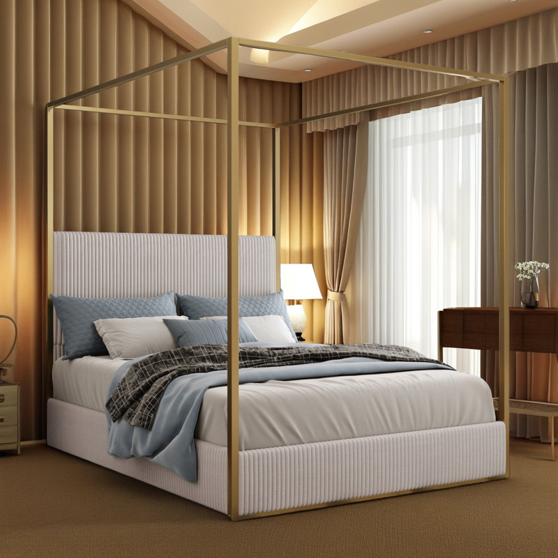 Corduroy Upholstered Canopy Bed With Tall Headboard, Queen, White/Black 