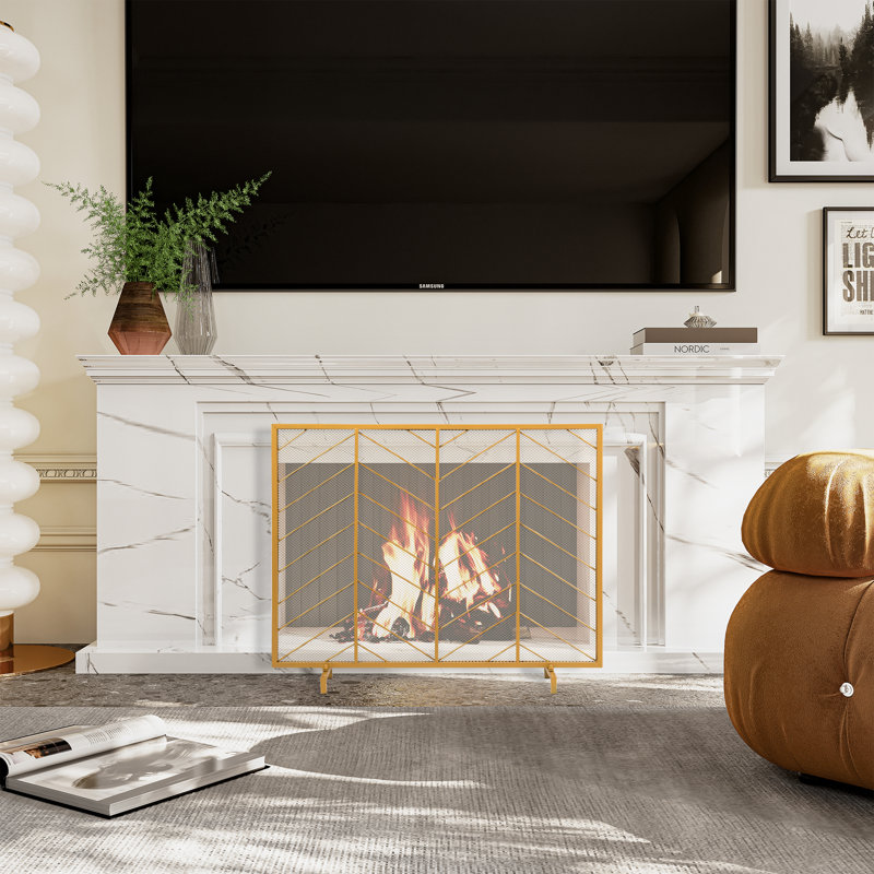 Gold Chevron Pattern Steel Mesh Fireplace Screen