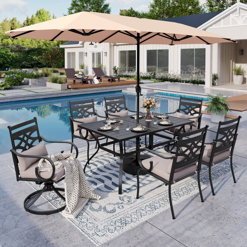 6 - Person Outdoor Dining Set with Umbrella Featuring 2 Swivel Chairs, Beige