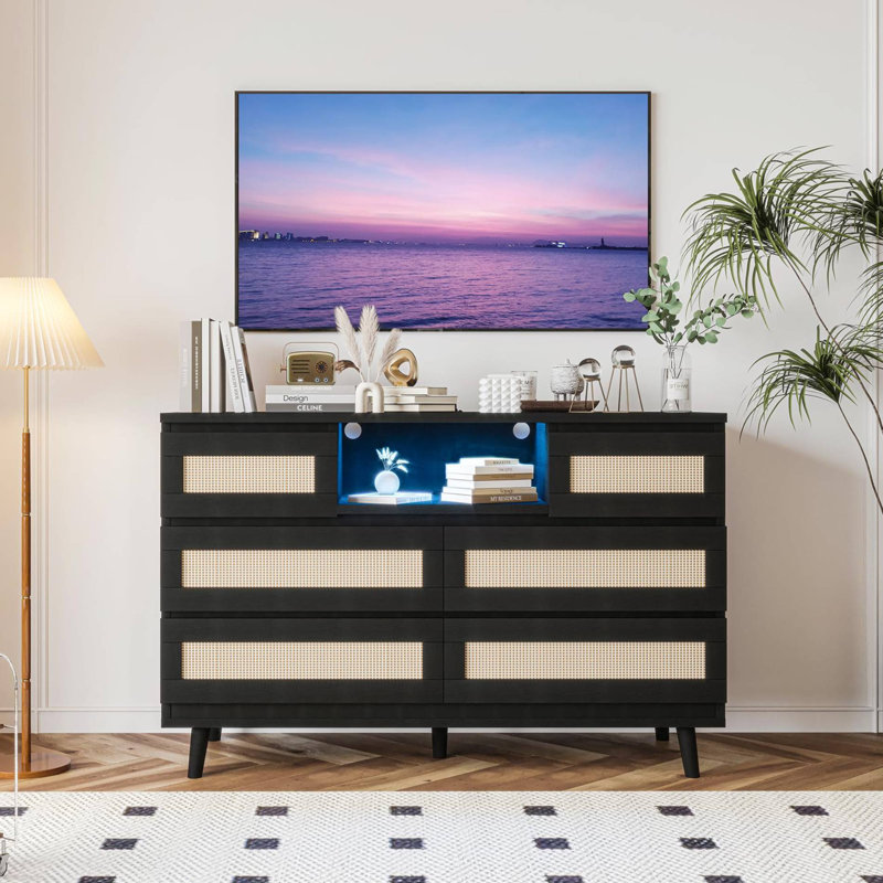6 Drawer Rattan Dresser with LED Lights & Charging Station, Modern Double Chest, Black
