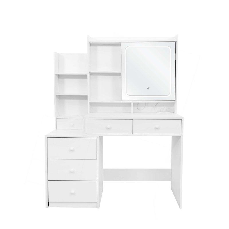 Bureau de maquillage avec miroir et lumières, ensemble de coiffeuse avec 6 tiroirs, miroir coulissant et tablettes de rangement, 3 modes d'éclairage réglables en luminosité, coiffeuse