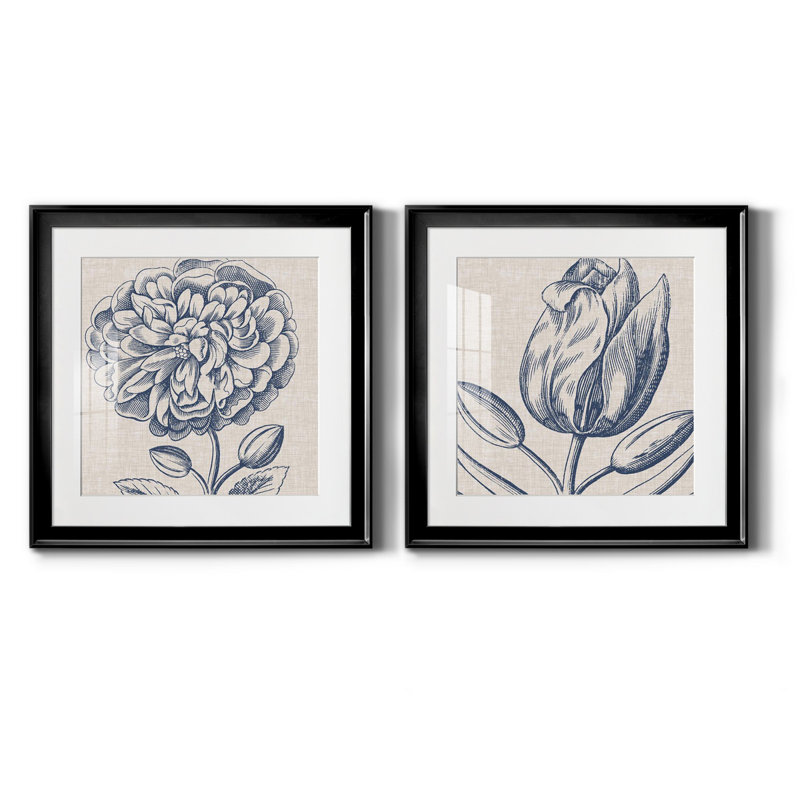 Indigo floral sur lin III - ensemble de 2 impressions d'art encadrées, H 17,5 po x l 35 po, Noir