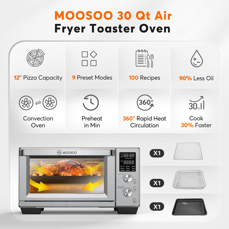MOOSOO 30Qt Air Fryer Toaster Oven, Stainless Steel Air Fryer, Knob Control, 9 Presets