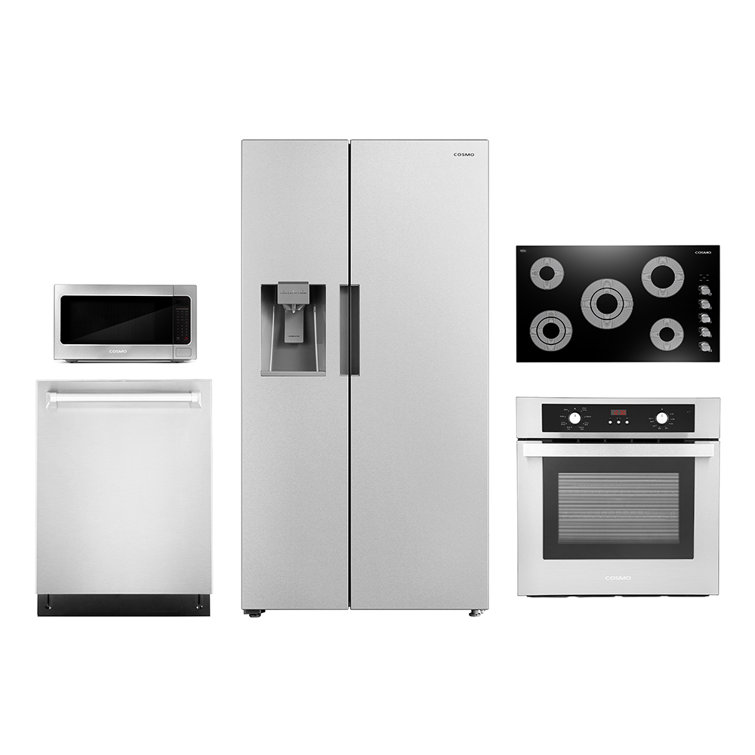Cosmo 5 Piece Kitchen Appliance Package with Side By Side Refrigerator , 36'' Electric Cooktop , Wall Oven , Built-In Dishwasher , and Built-In Microwave