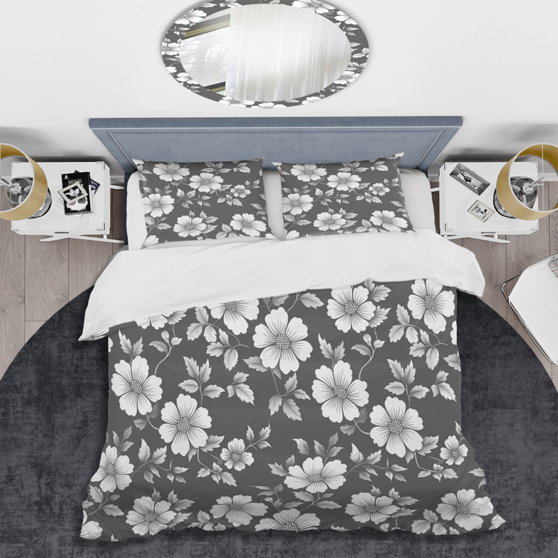 Ensemble de housse de couette transitionnel gris et blanc à motif floral Blooms III