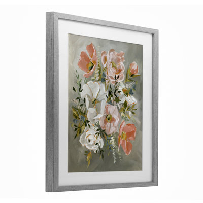 «Peachy Flowers on Grey», reproduction sous verre encadrée, conception par Annie Quigley
