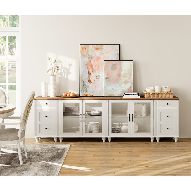 Scarlett Sideboard Cabinet with 4 Glass Doors and Multiple Drawers, White/Brown
