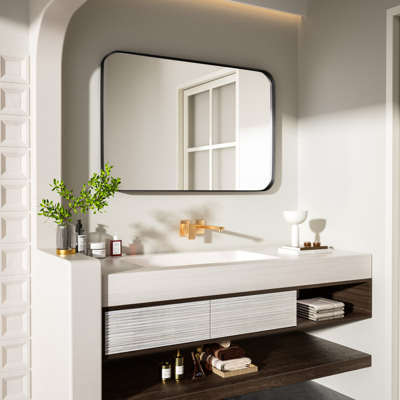 Cozy Design Tempered Glass Framed Wall-Mounted Bathroom Vanity Mirror, 36" x 24", Black, Rectangle
