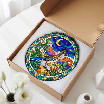 Roadrunner Standing In Desert Stained Glass Circle Canvas Wall Art
