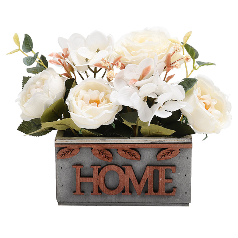 Country style Fake Hydrangea Peony in Wooden Vase Tabletop Centerpiece