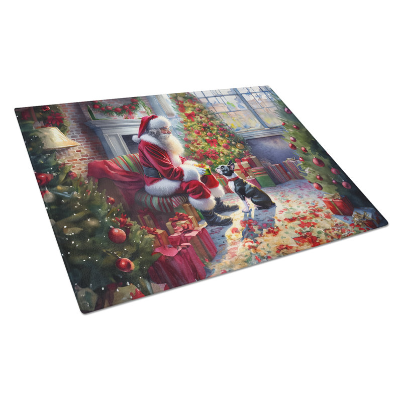 Planche à découper en verre Boston Terrier and Santa Claus