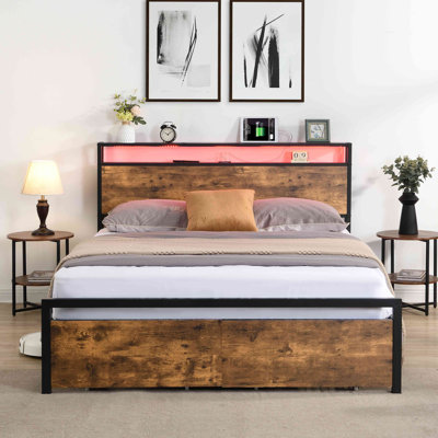 Bed Frame with Storage Headboard and 2 Drawers LED Lights Bed with Charging Station Metal Platform Bed No Noise Mattress Foundation Strong Metal Slats Support No Box Spring Needed