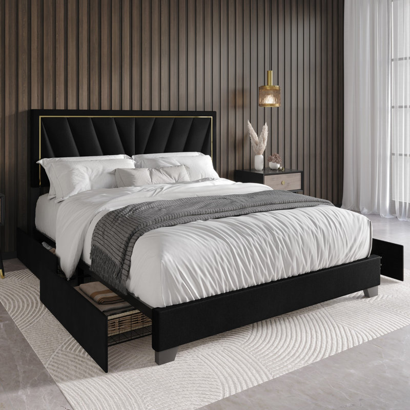 Lit plateforme tapissier avec rangement Jannean, Grand, Noir