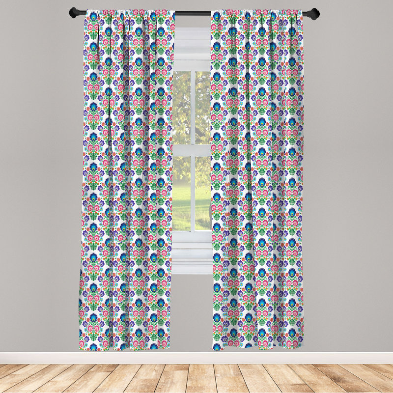 Polish Folk Art Floral Semi-Sheer Rod Pocket Curtain Panels, 28" x 84"