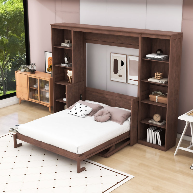 Lit escamotable en bois avec bibliothèque, Lit double