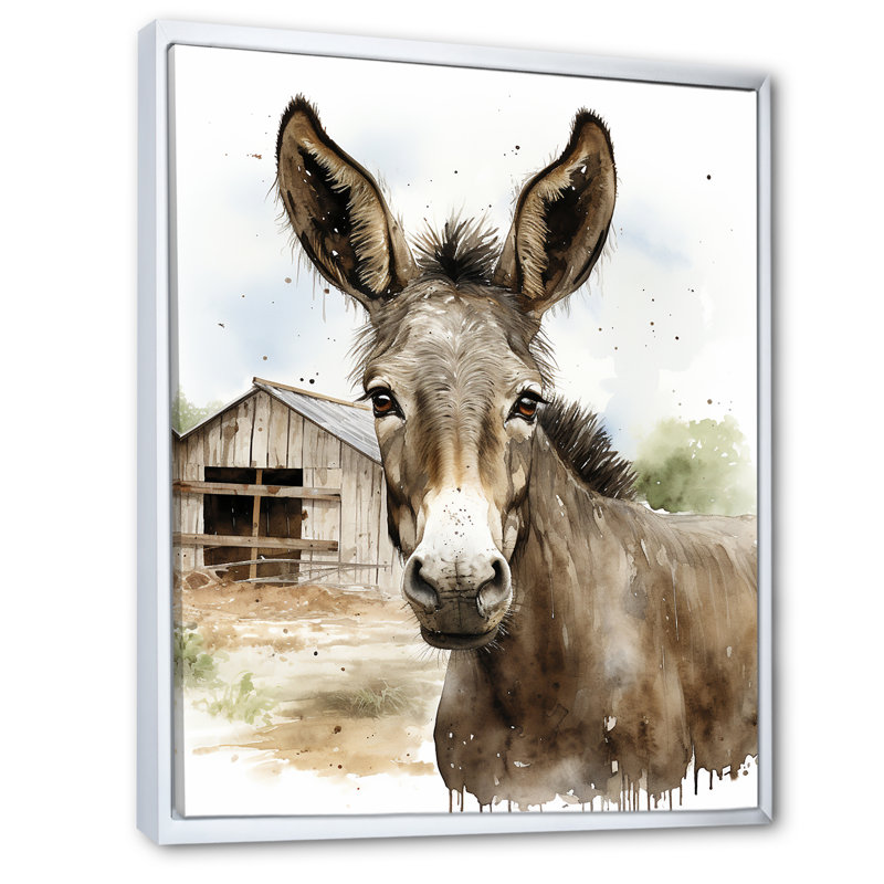 «Donkey Portrait Country Charm II» - art mural âne, Cadre flottant blanc, H 32 po x l 24 po