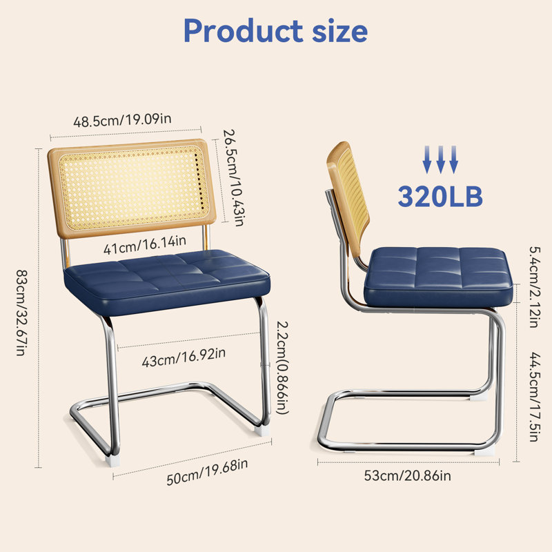 Chaises de salle à manger d'inspiration Mid-Century bleues avec dossier en bois massif, cuir naturel et simili, chaises empilables en cuir, de 2 pour le décor de la cuisine