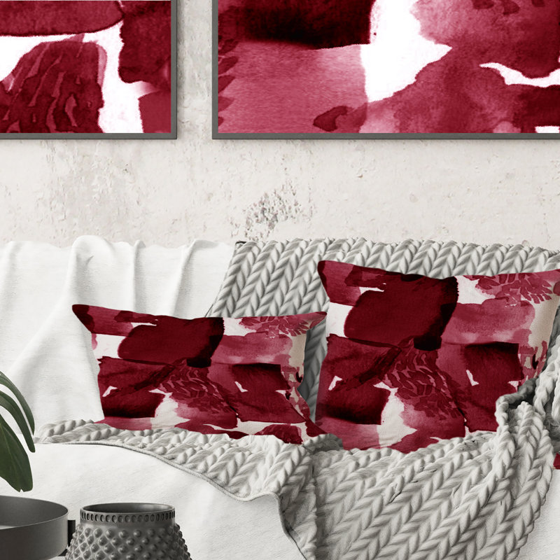 Abstract Burgundy Strokes On White - Modern Printed Throw Pillow, 16" x 16"