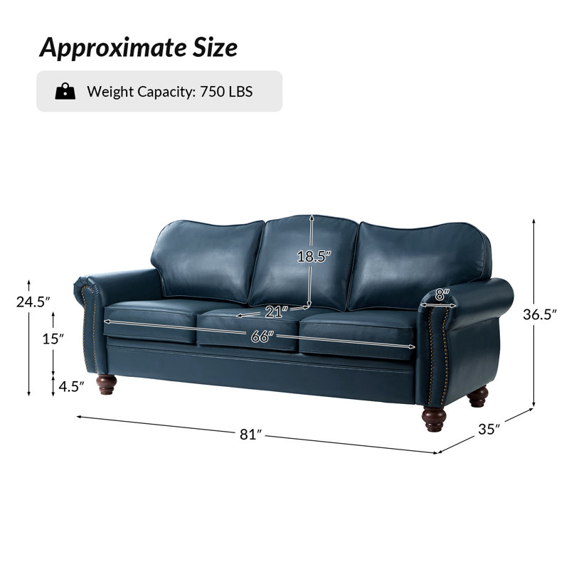 Dielle Transitional 81" Wide Leather Sofa with Solid Wood Legs, Navy