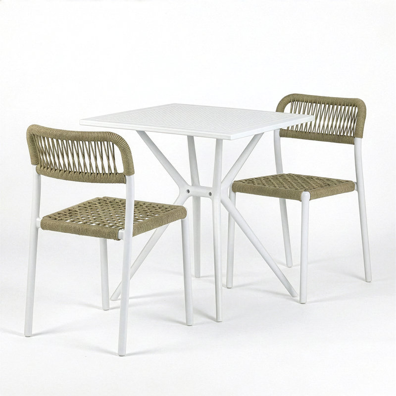 Belen Basma Beige White Outdoor Dining 2 Seats Set, Beige